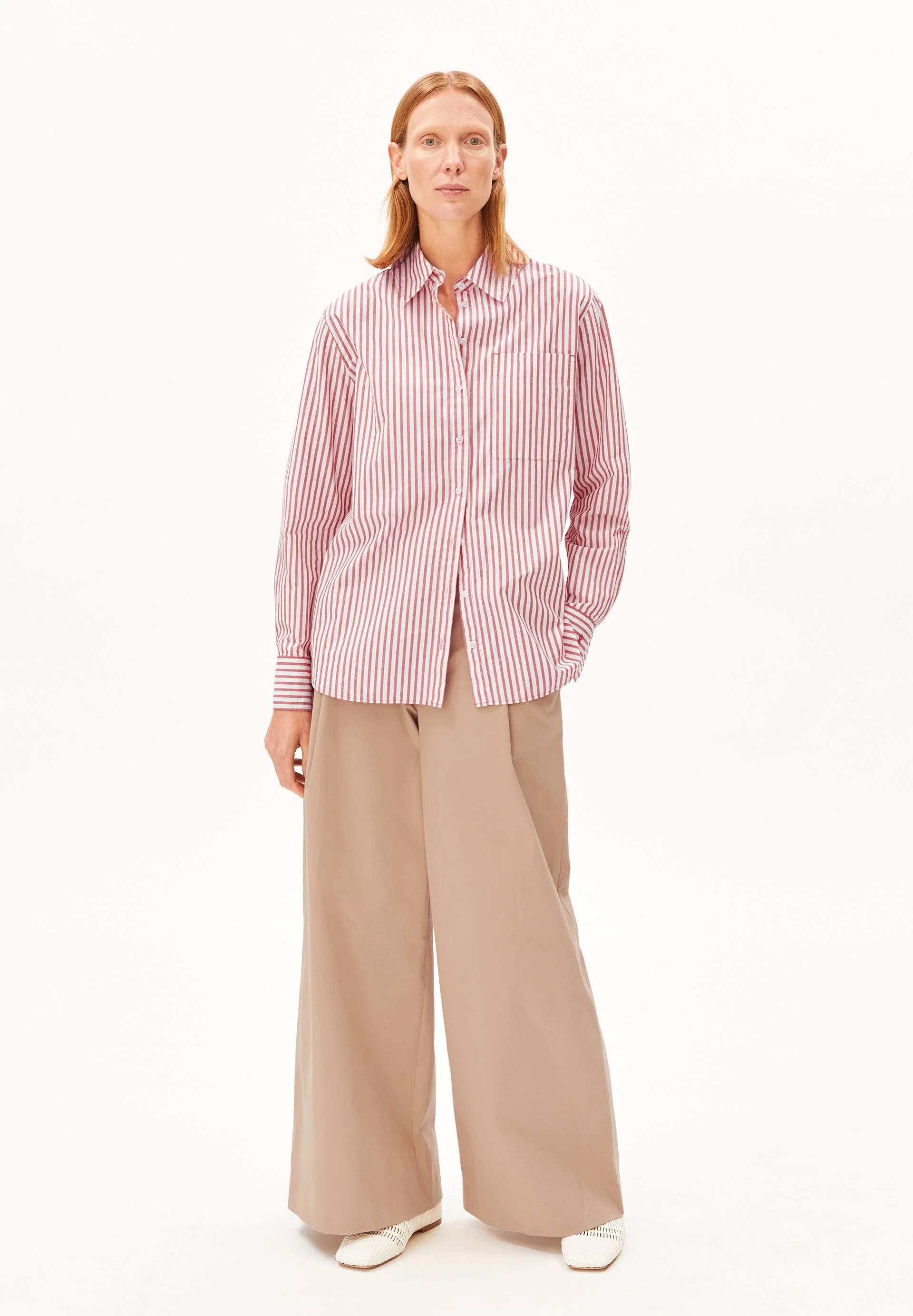 GESTREIFTE WEITE POPLIN BLUSE | oatmilk-mars red - Image 5