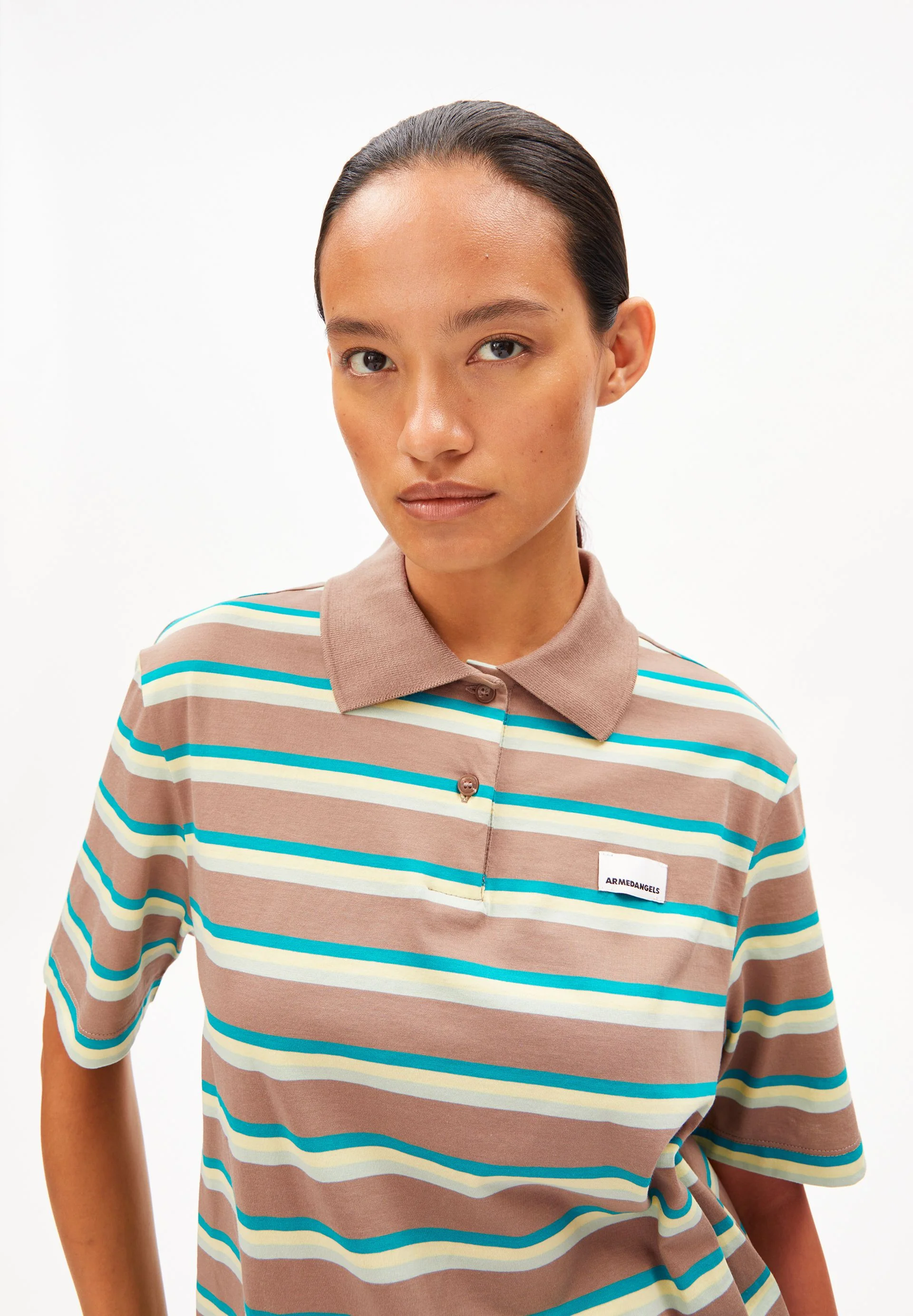 GESTREIFTES POLOSHIRT | walnut cream-pool green-lime juice - Image 3