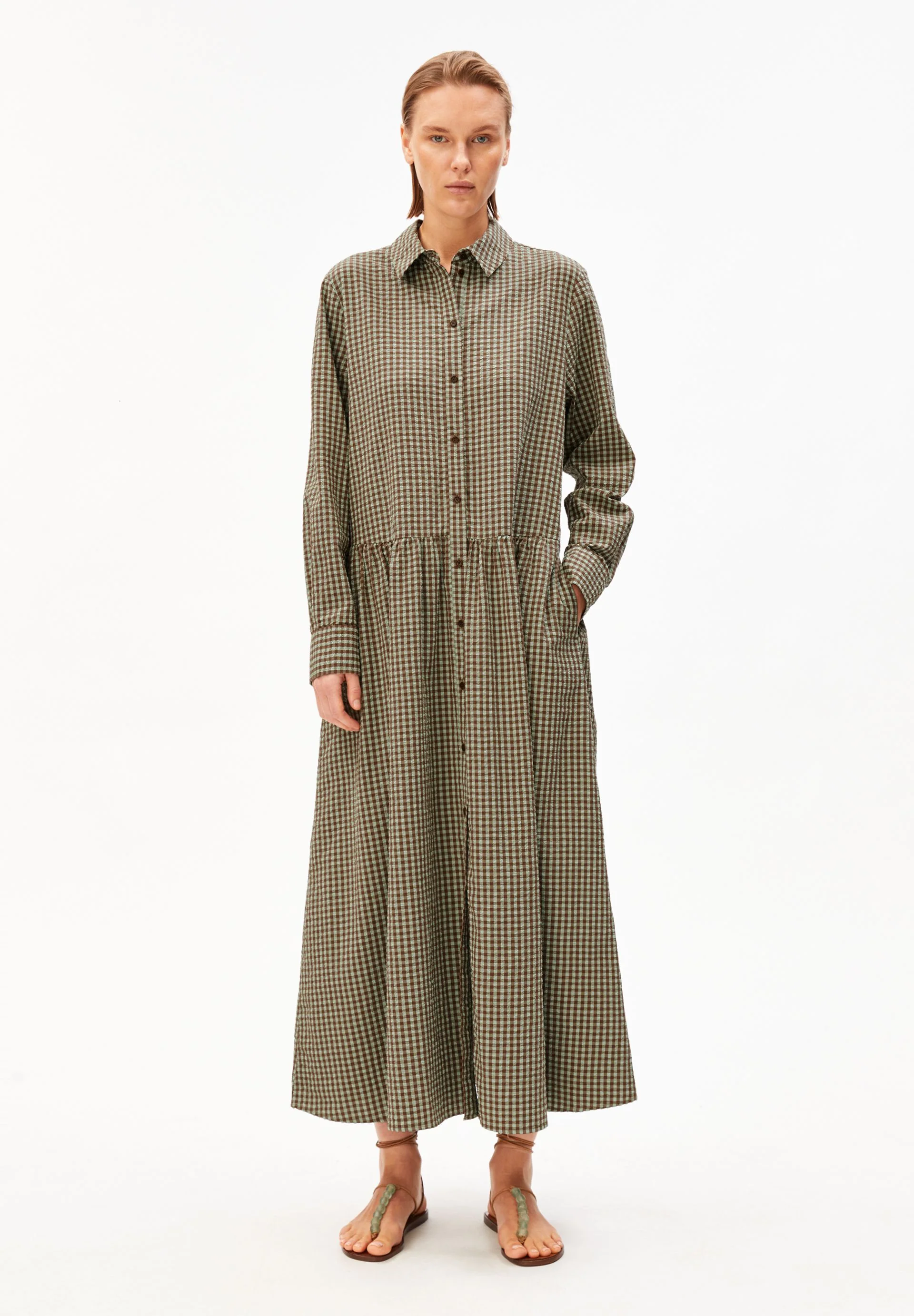 VICHY SEERSUCKER MAXI-KLEID | foam-dried palm - Image 5